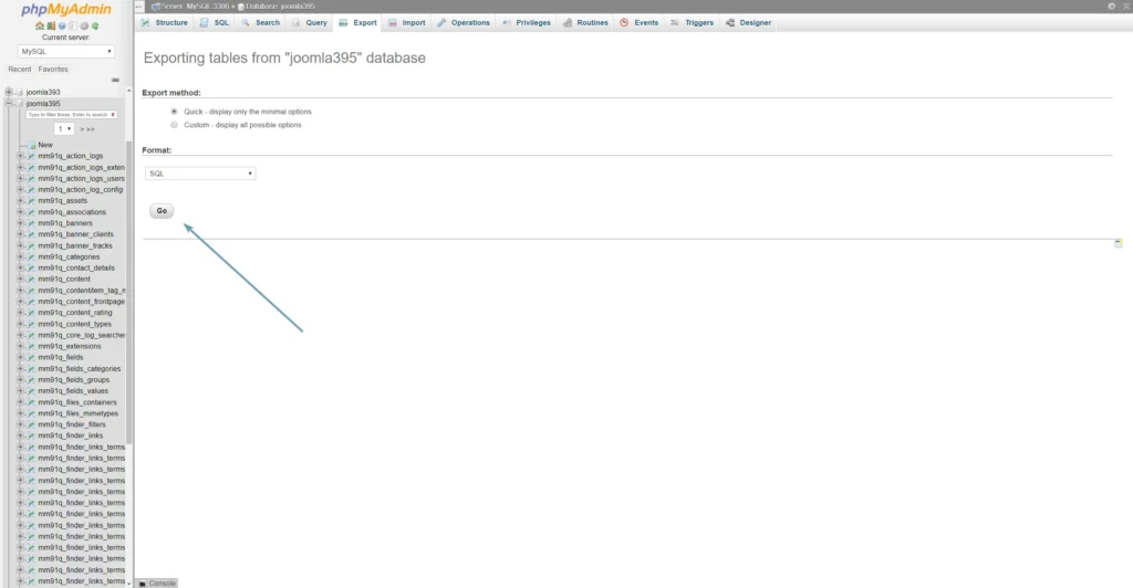 Image of the phpMyAdmin interface and database export options.