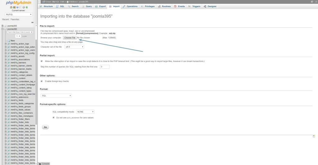 Image of the phpMyAdmin interface and database import options.