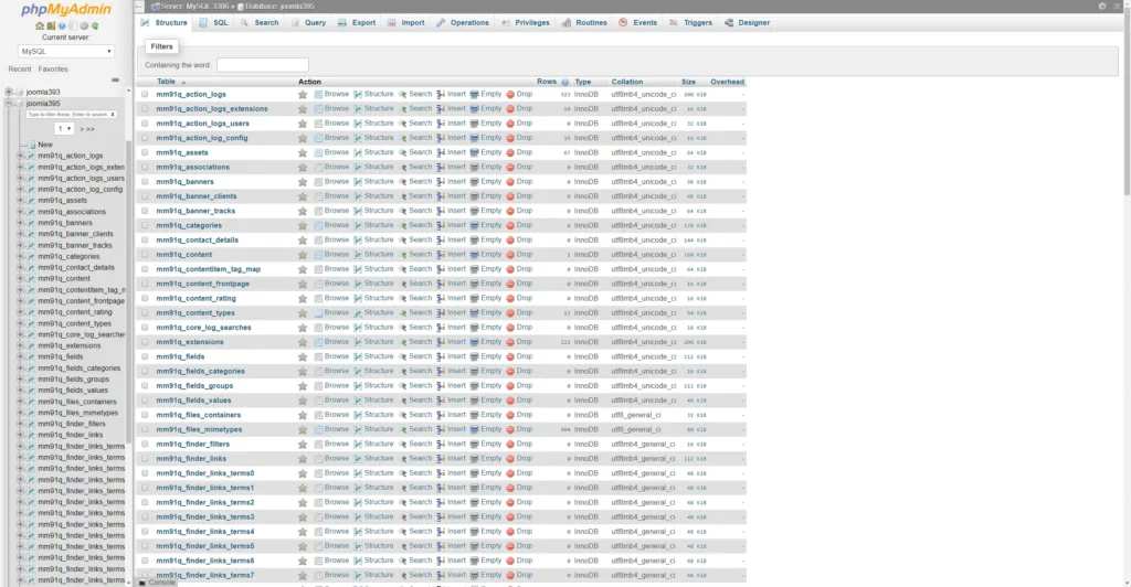 Picture of the phpMyAdmin interface and structure of database tables.