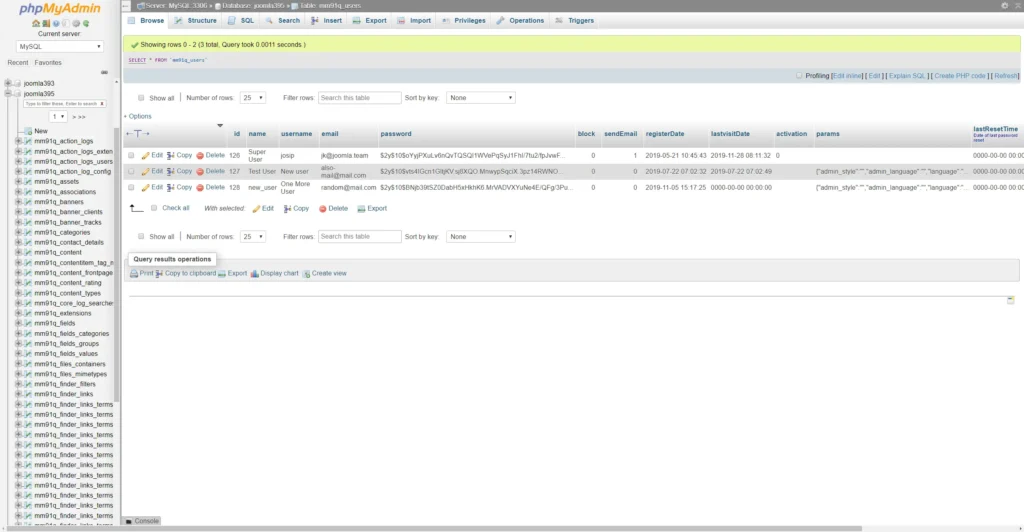 Picture of the phpMyAdmin interface and structure of database users table.