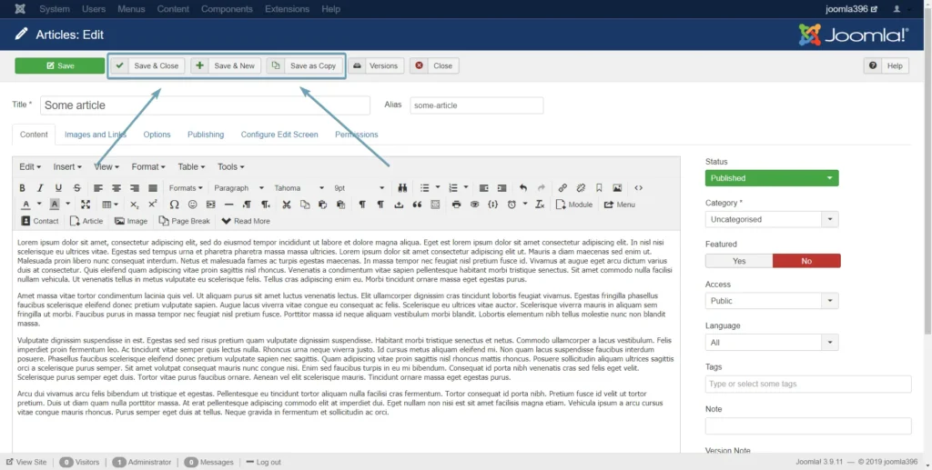 Image showing several proper ways to exit an article as 'Save & Close', 'Save & New' and 'Close' button.