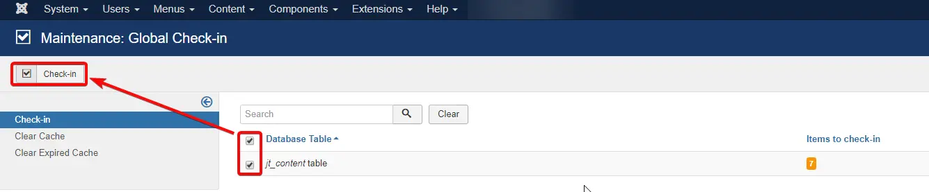 Image of the Check-in button. This will check in all locked items across the whole Joomla website.