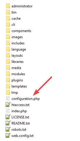 Image of the root folder with an arrow pointing to configuration.php file.