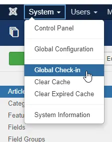 Image showing how to navigate to System, Global Check-in in the administrator menu