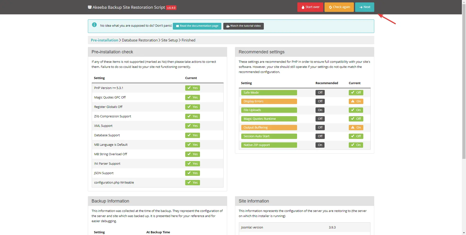 Image of Akeeba plugin in the moment just before database will be restored.