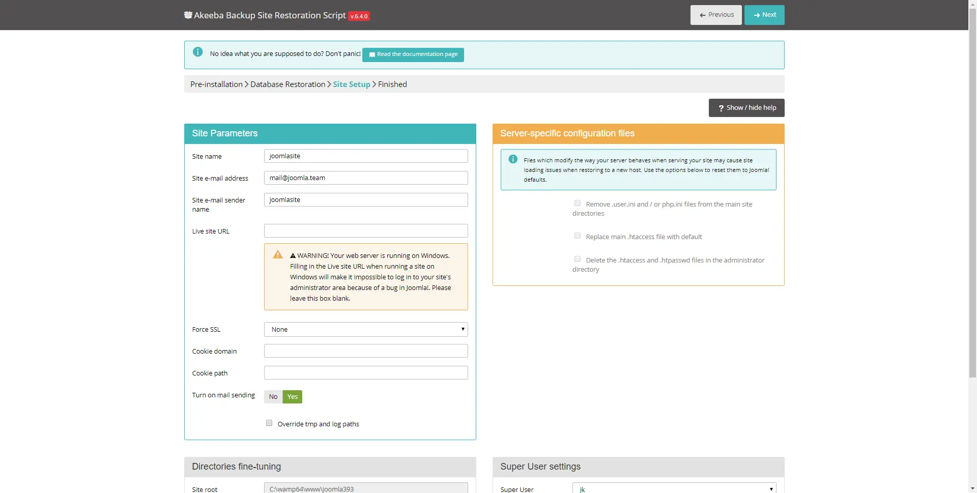 Site Setup tab inside Akeeba extension.