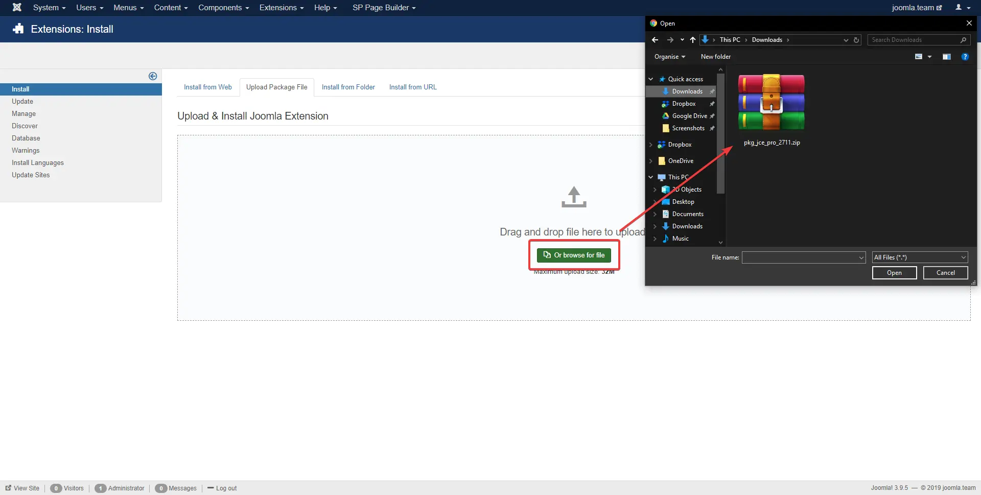 Image showing where to upload new Joomla extension.