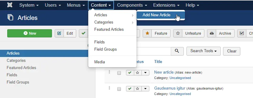 Image showing how to navigate to content,articles, add New article.