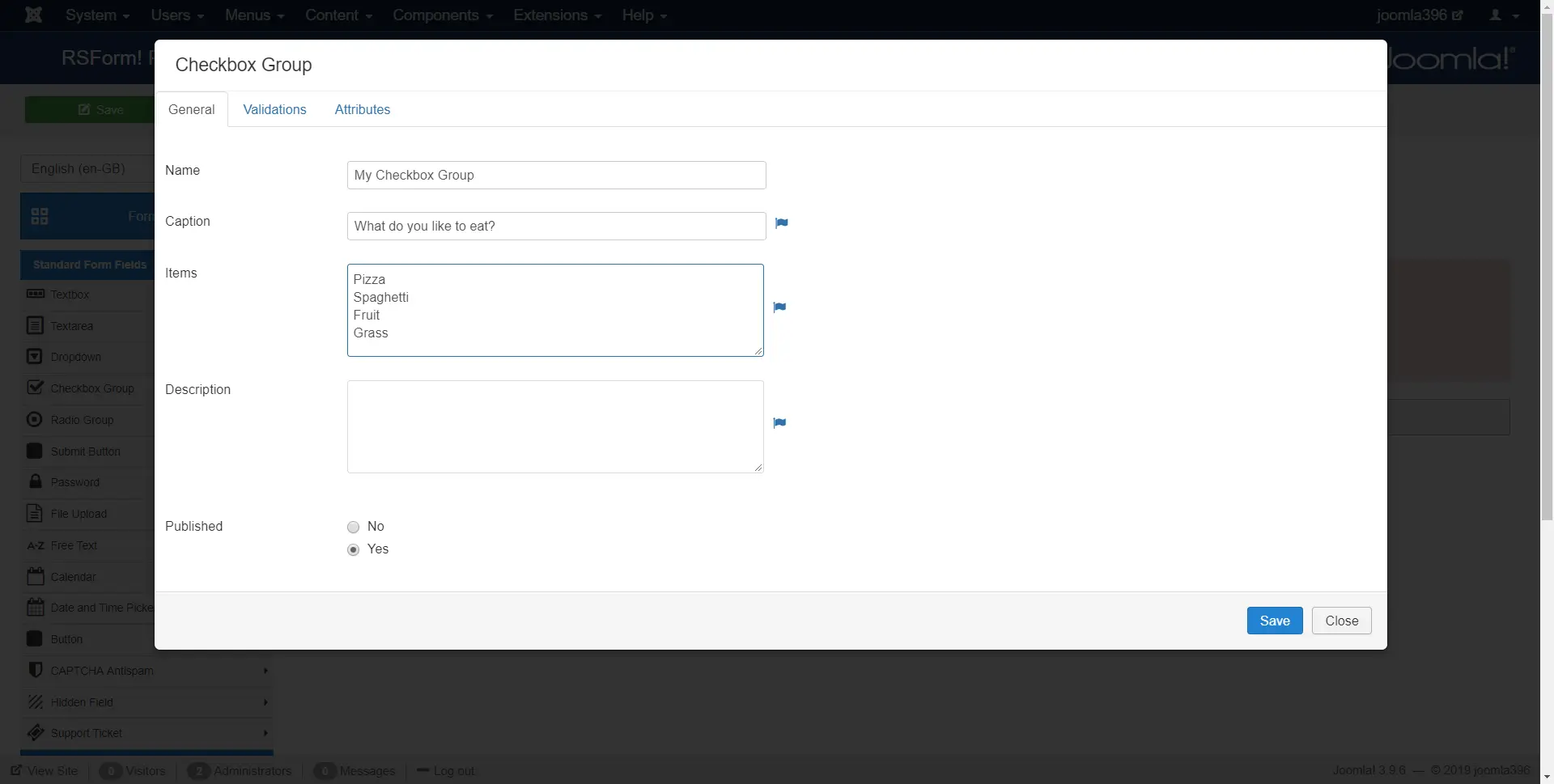 Adding a Checkbox Group inside RS Forms component.