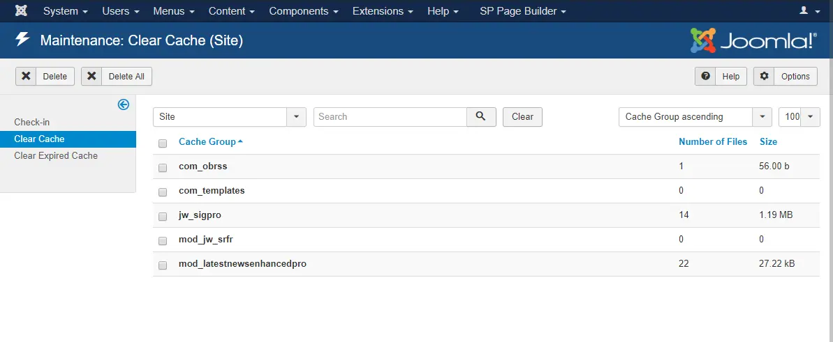Image showing where to clear cache in Joomla.