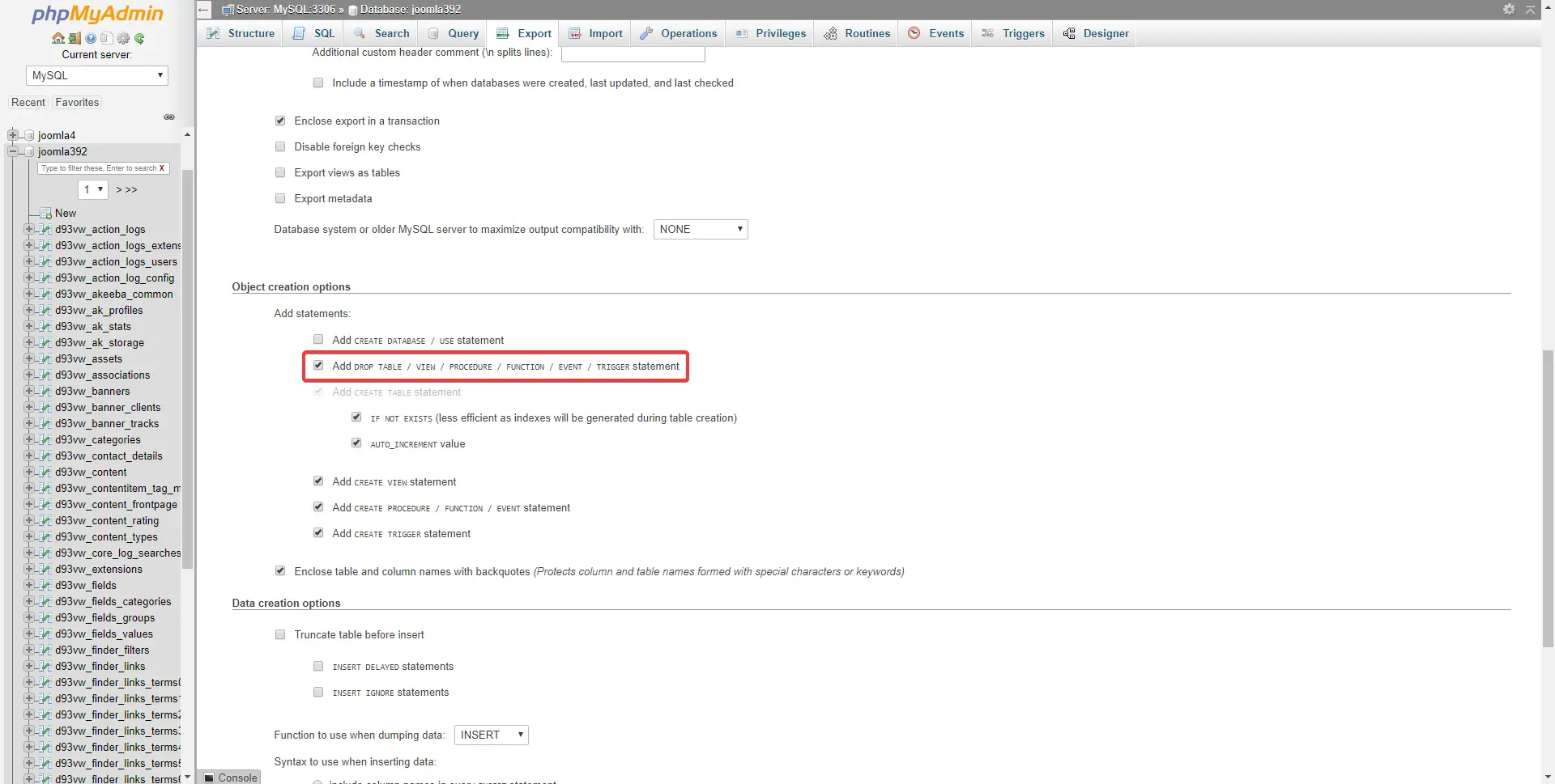 Image of phpmyadmin showing where to Scroll down and within the Object Creation options, select the option Add DROP TABLE / VIEW / PROCEDURE / FUNCTION / EVENT / TRIGGER statement.