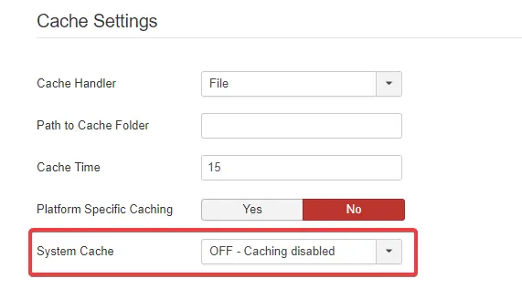 Image showing where to Disabling System Cache in Joomla.