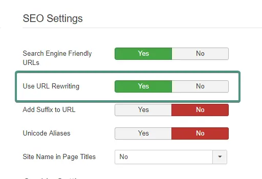 Image showing where to enable URL rewriting in the Joomla administrator.