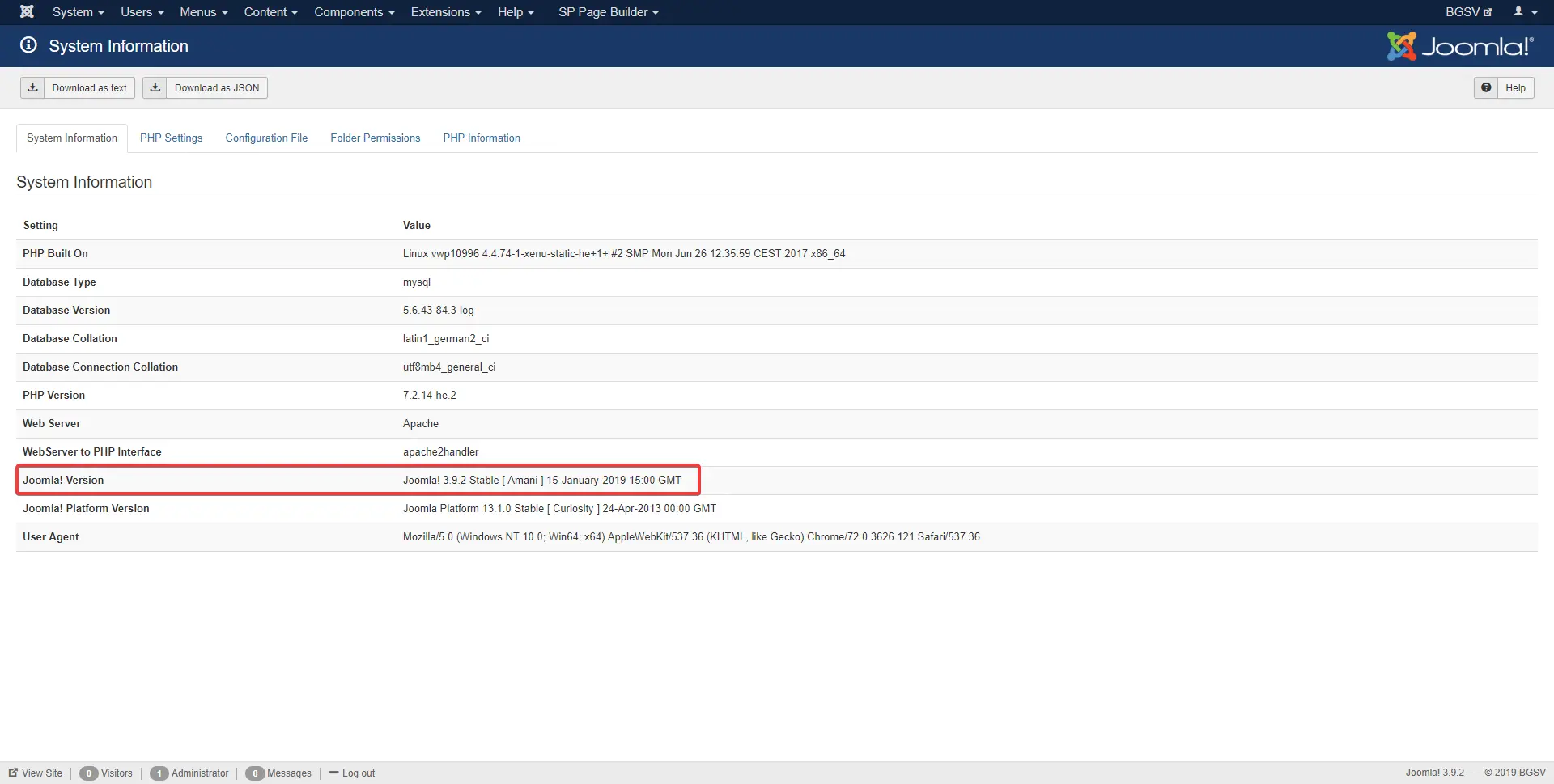 System information tab inside Joomla adminstrator.