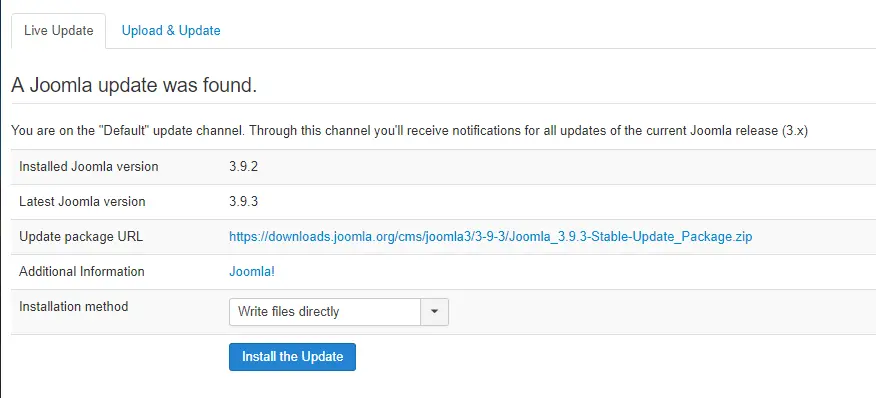 Joomla update was found notification.