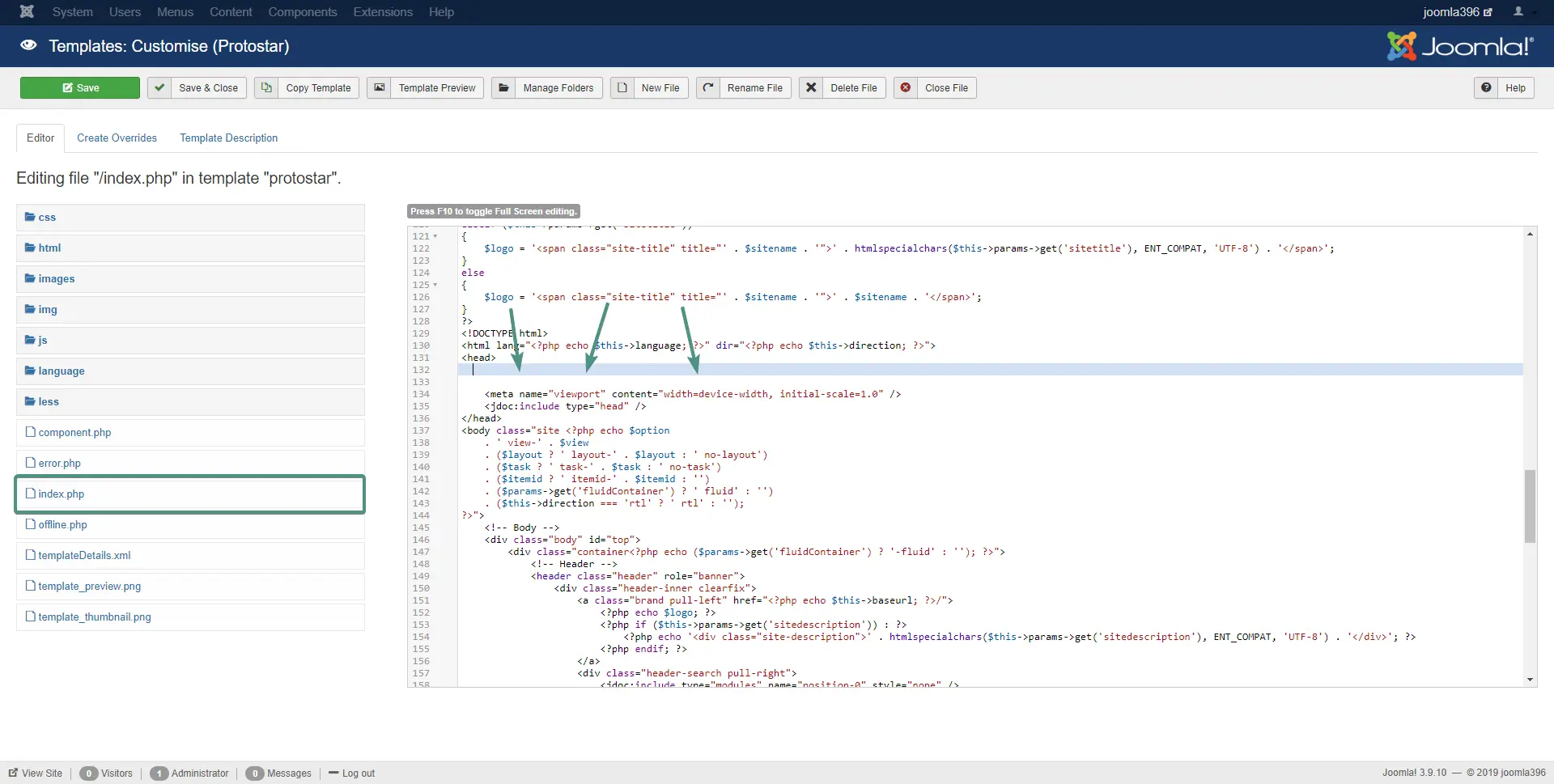 Image of adding code snippet into head section of index.php file.