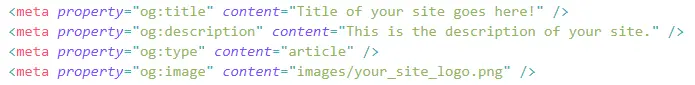 Image of open graph code snippets into head tags.