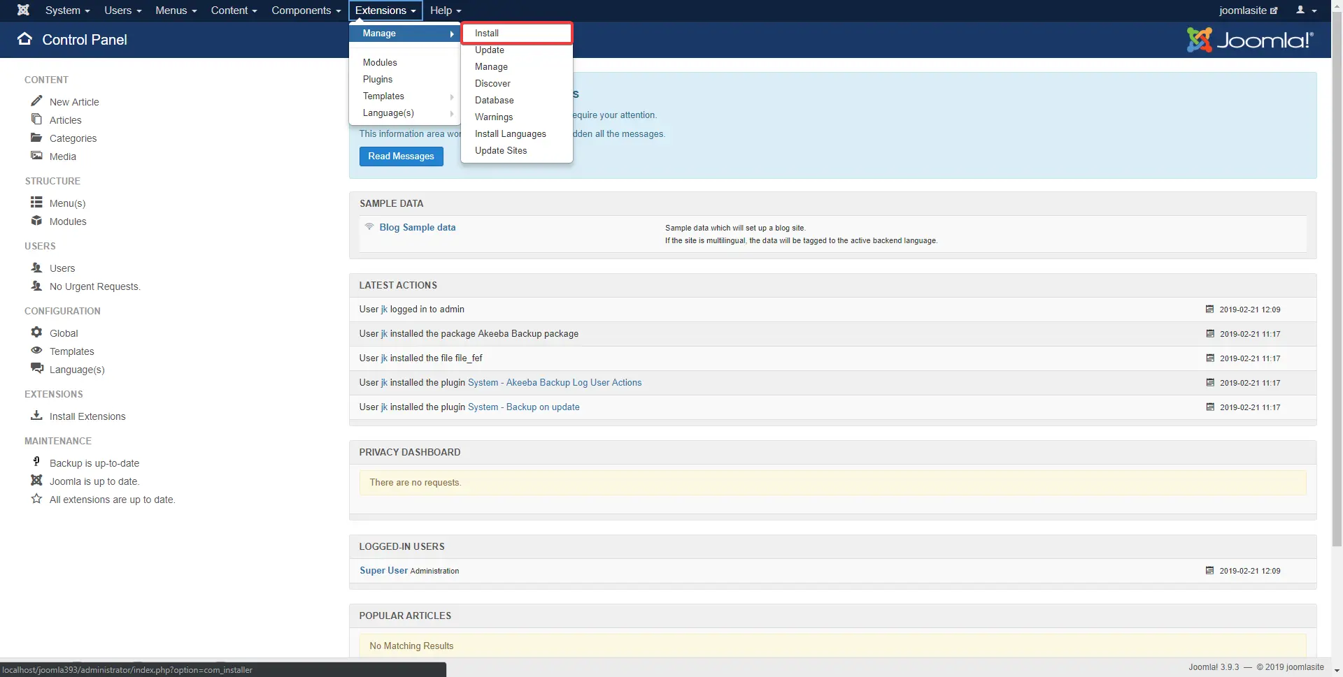 Opening the Install page inside Joomla administrator.