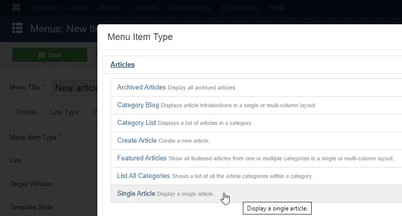 Image showing how to select the menu Item type.