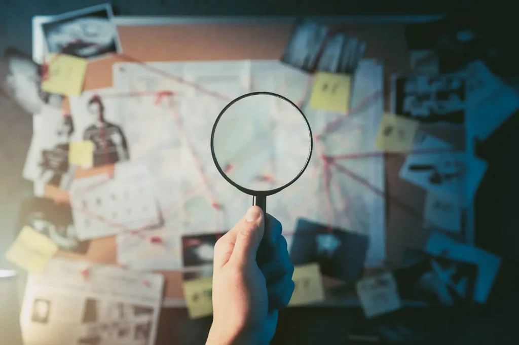 An image of evidence panel hovered by a magnifying glass.