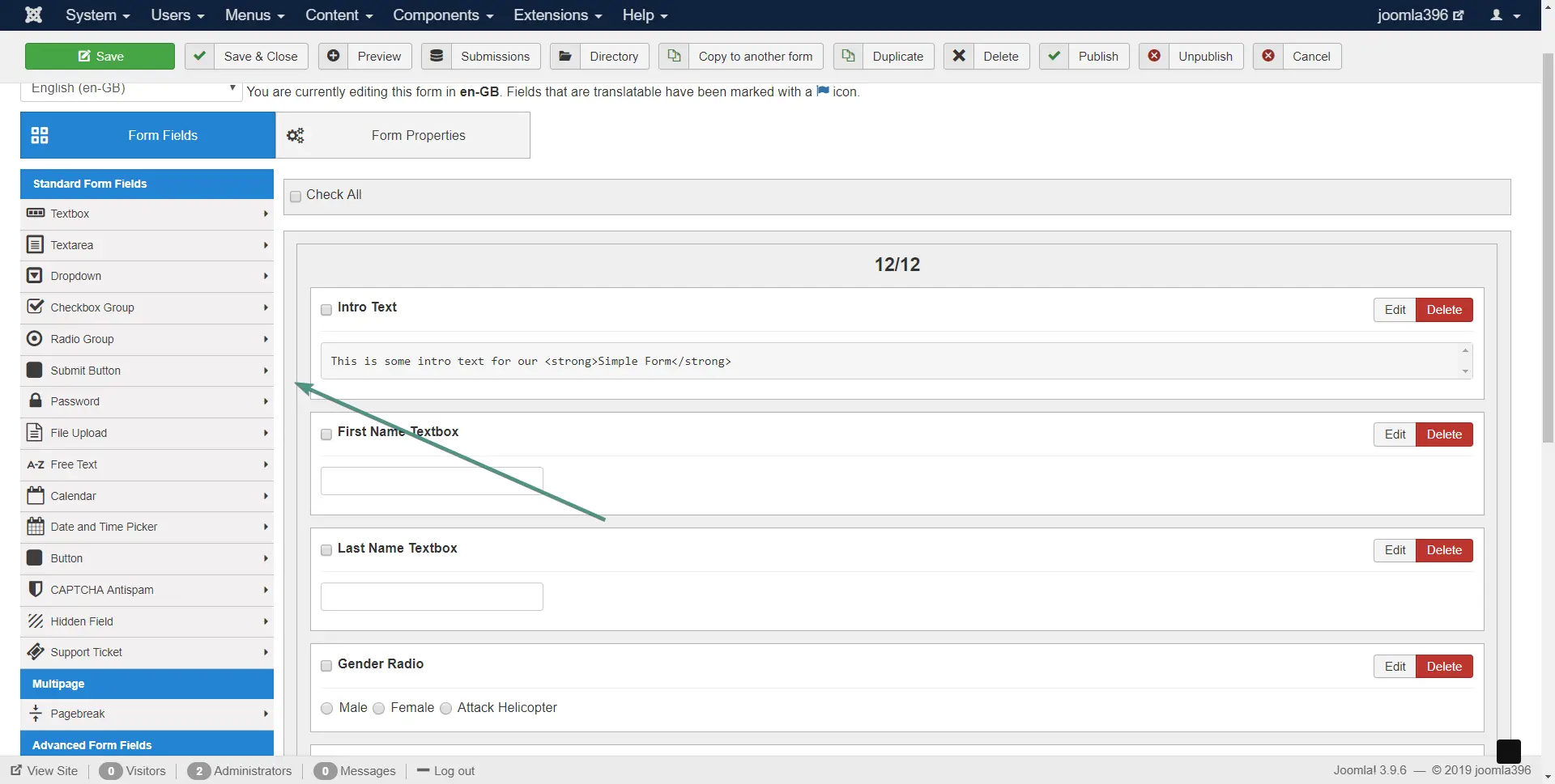 Adding a Submit Button in RS Forms component.